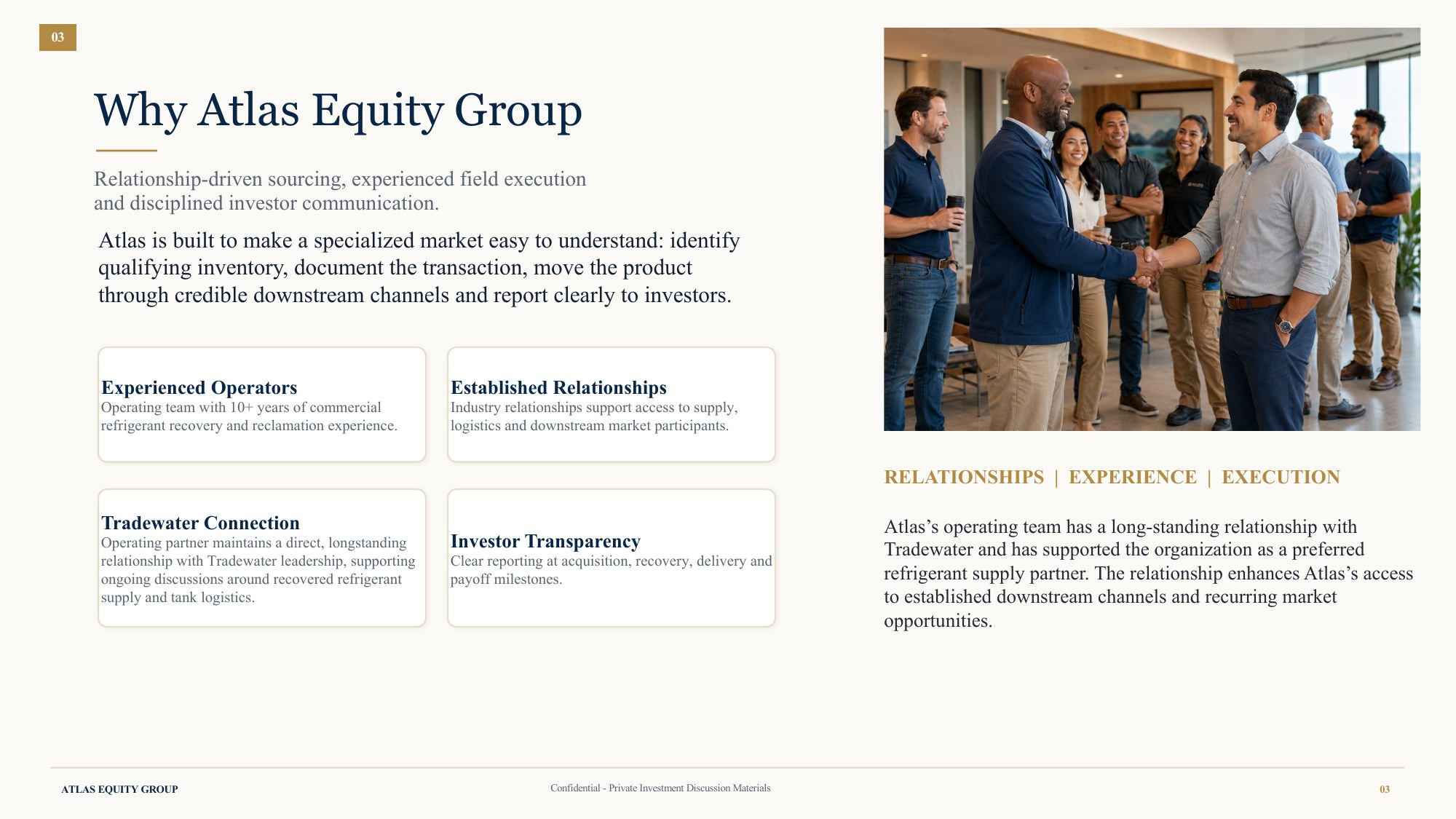 Investor deck page 3: Why Atlas Equity Group